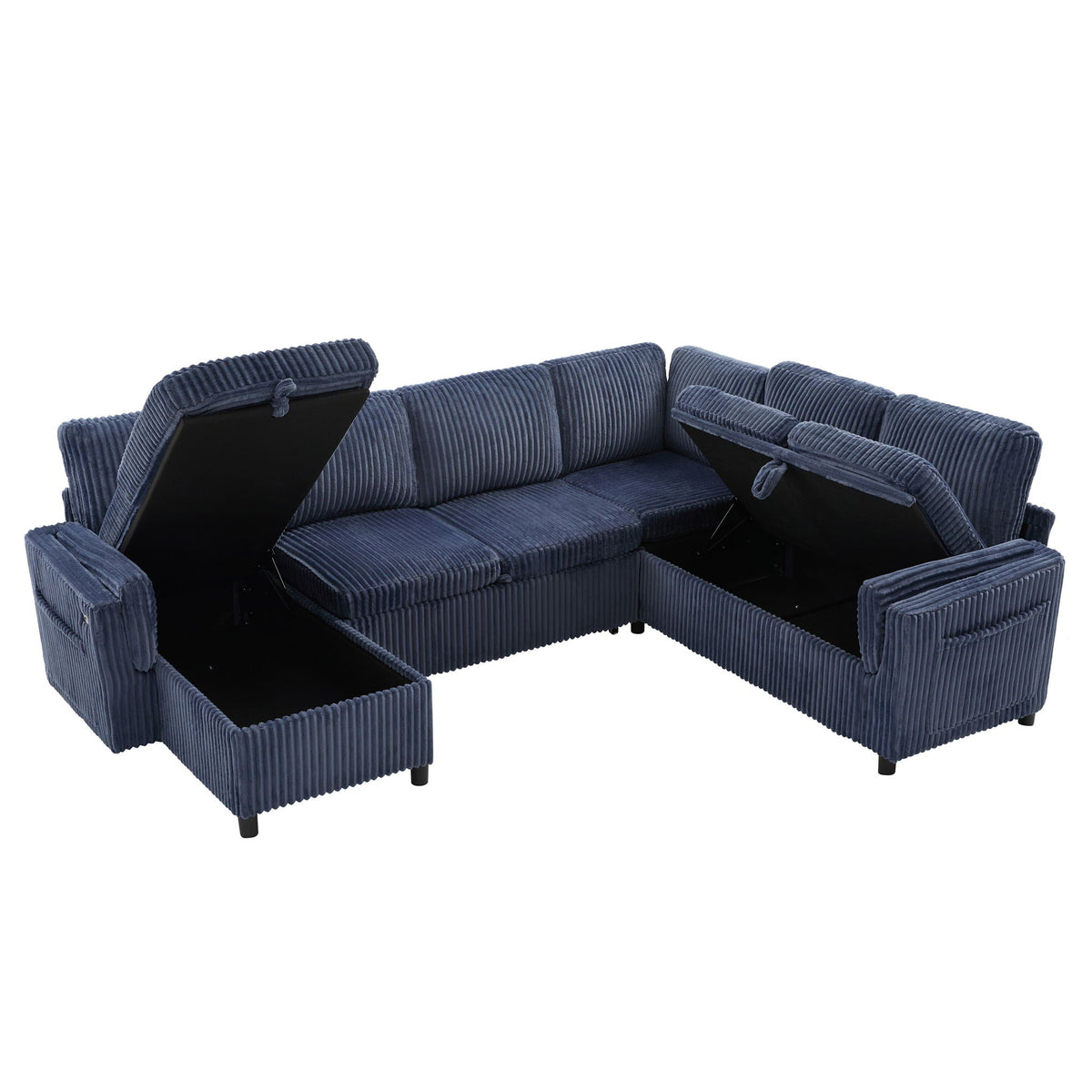 HouseOfZazla blue corduroy Ushaped sectional sofa bed with USB ports and storage on Tampa Home & Garden Store