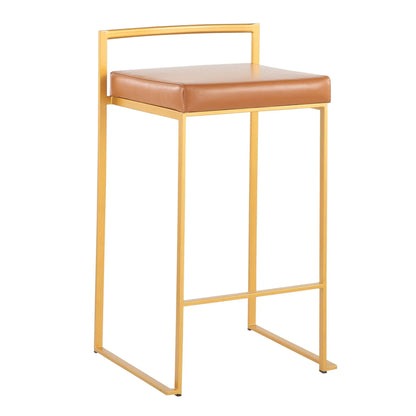 Fuji contemporary glam counter stool set of 2 with gold metal frame and tan leather cushion on Tampa Home & Garden Store