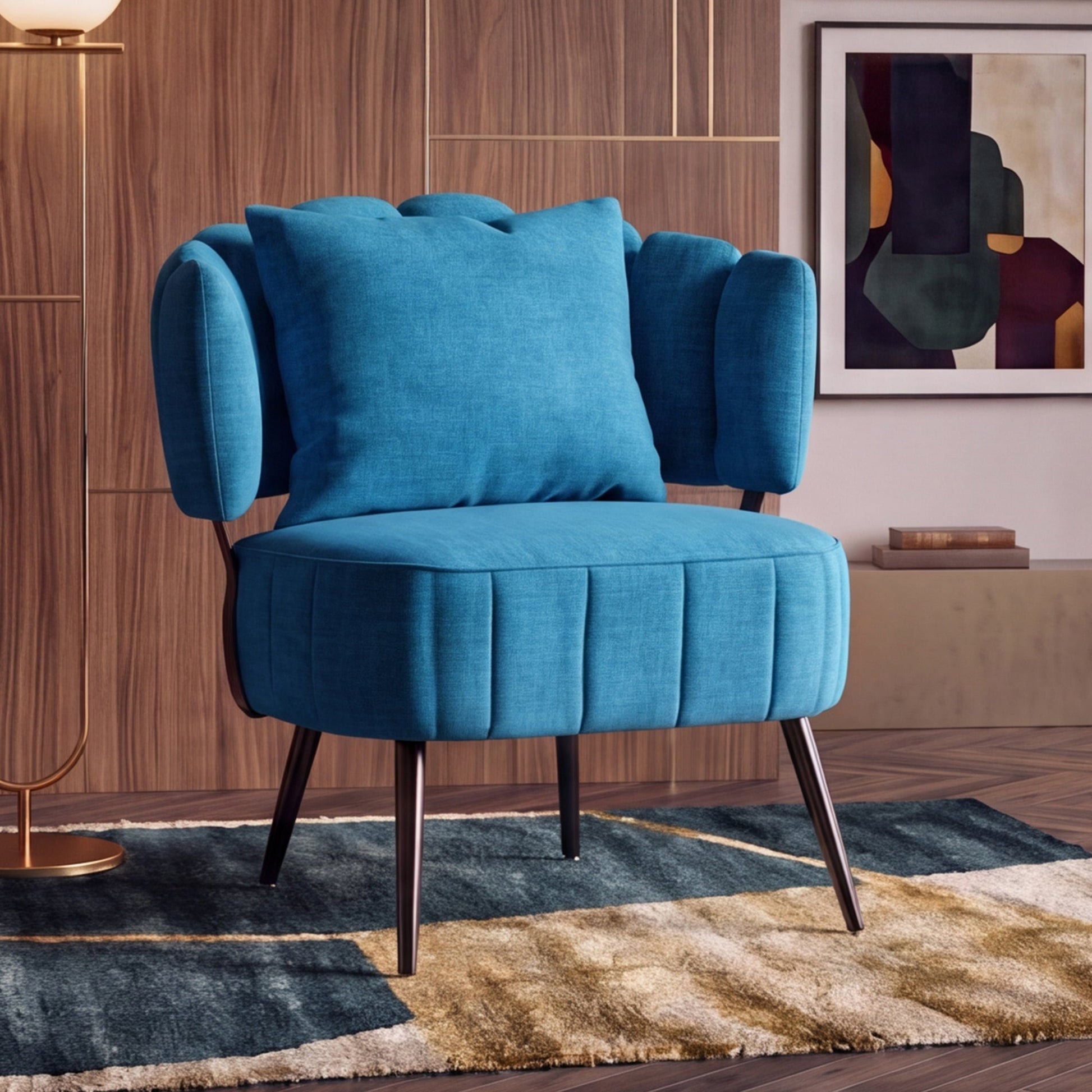 Decorative Armchair With Spring Seat Cushion in blue velvet, curved arms and black metal legs on Tampa Home & Garden Store