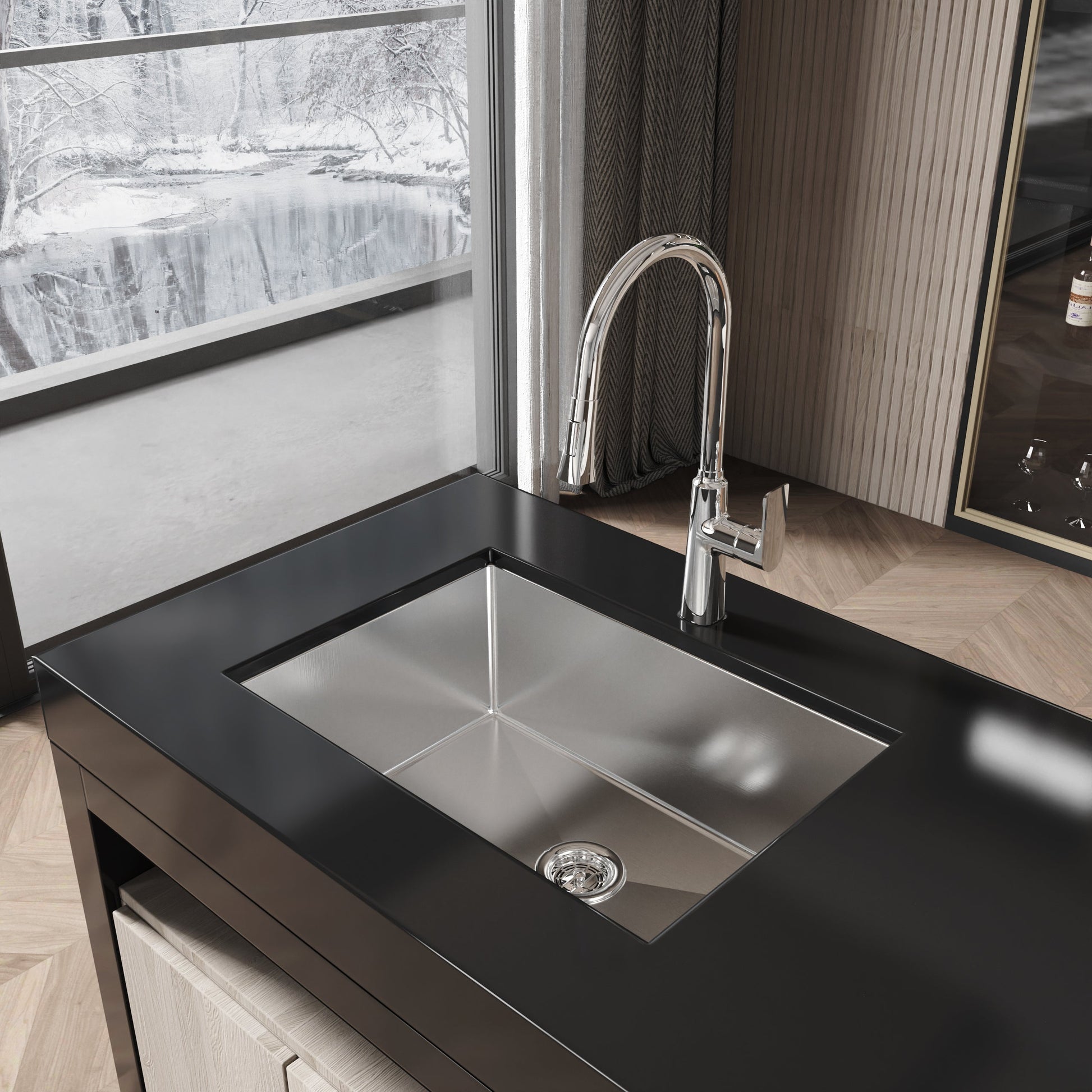 Stainless steel 27x19 undermount single-bowl kitchen sink in brushed nickel with high-arc faucet on Tampa Home & Garden Store