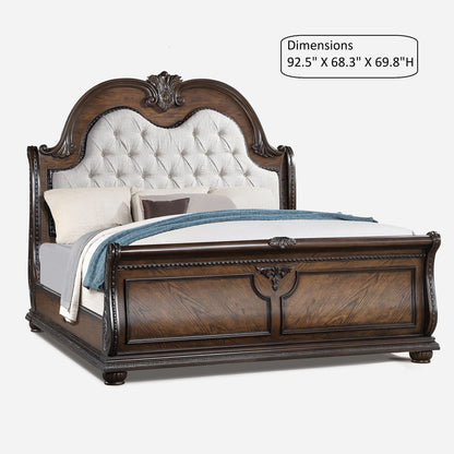 Traditional Style Button Tufted Headboard Sleigh Bed by HouseOfZazla in wood with beige fabric on Tampa Home & Garden Store