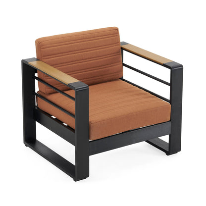 Giovanna Club Chair outdoor arm chair with aluminum frame, brown cushions, and wood armrests on Tampa Home & Garden Store