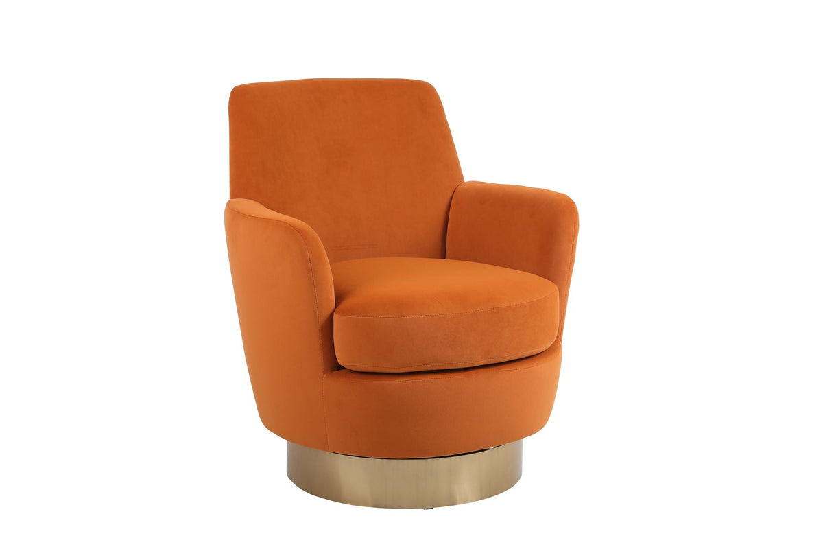 Teddy Swivel Barrel Chair HouseOfZazla orange velvet with gold-tone round base on Tampa Home & Garden Store