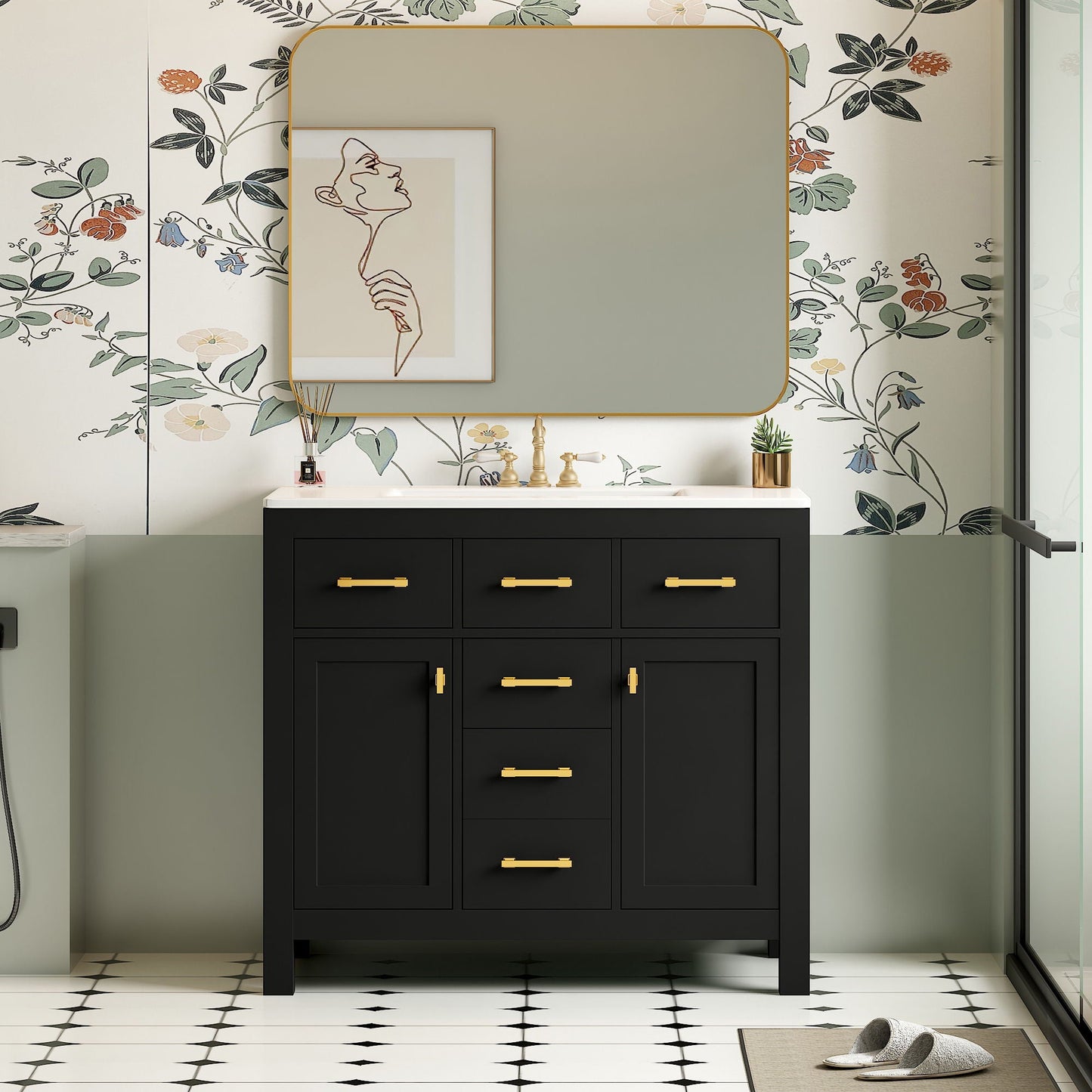 Bathroom vanity with sink, modern black 4-drawer cabinet with gold pulls Unique Piece Furniture on Tampa Home & Garden Store