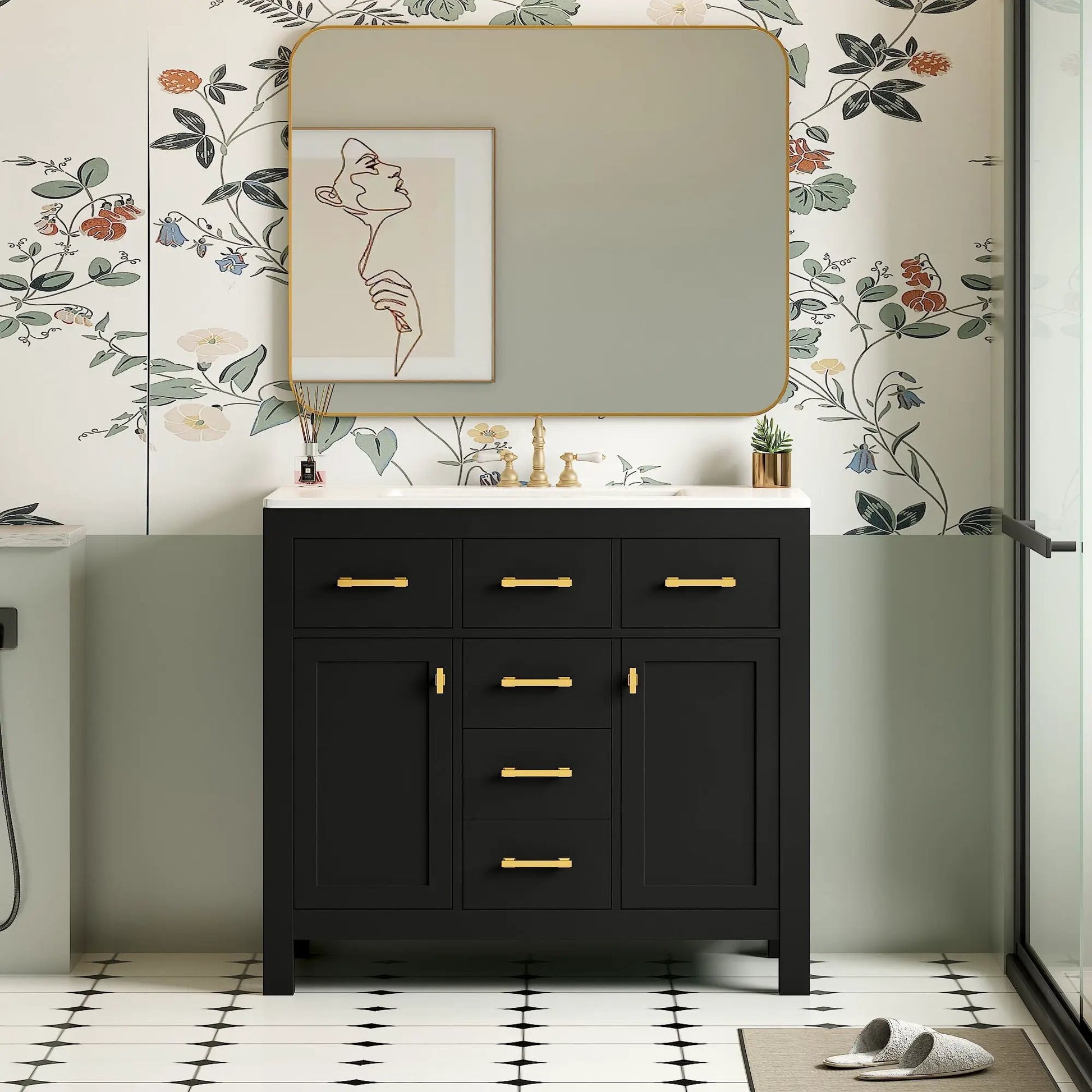 Bathroom vanity with sink, modern black 4-drawer cabinet with gold pulls Unique Piece Furniture on Tampa Home & Garden Store