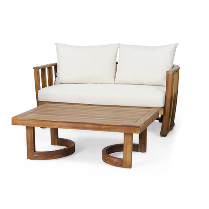 Outdoor Acacia Wood Loveseat and Coffee Table Set with Cushions, natural finish on Tampa Home & Garden Store