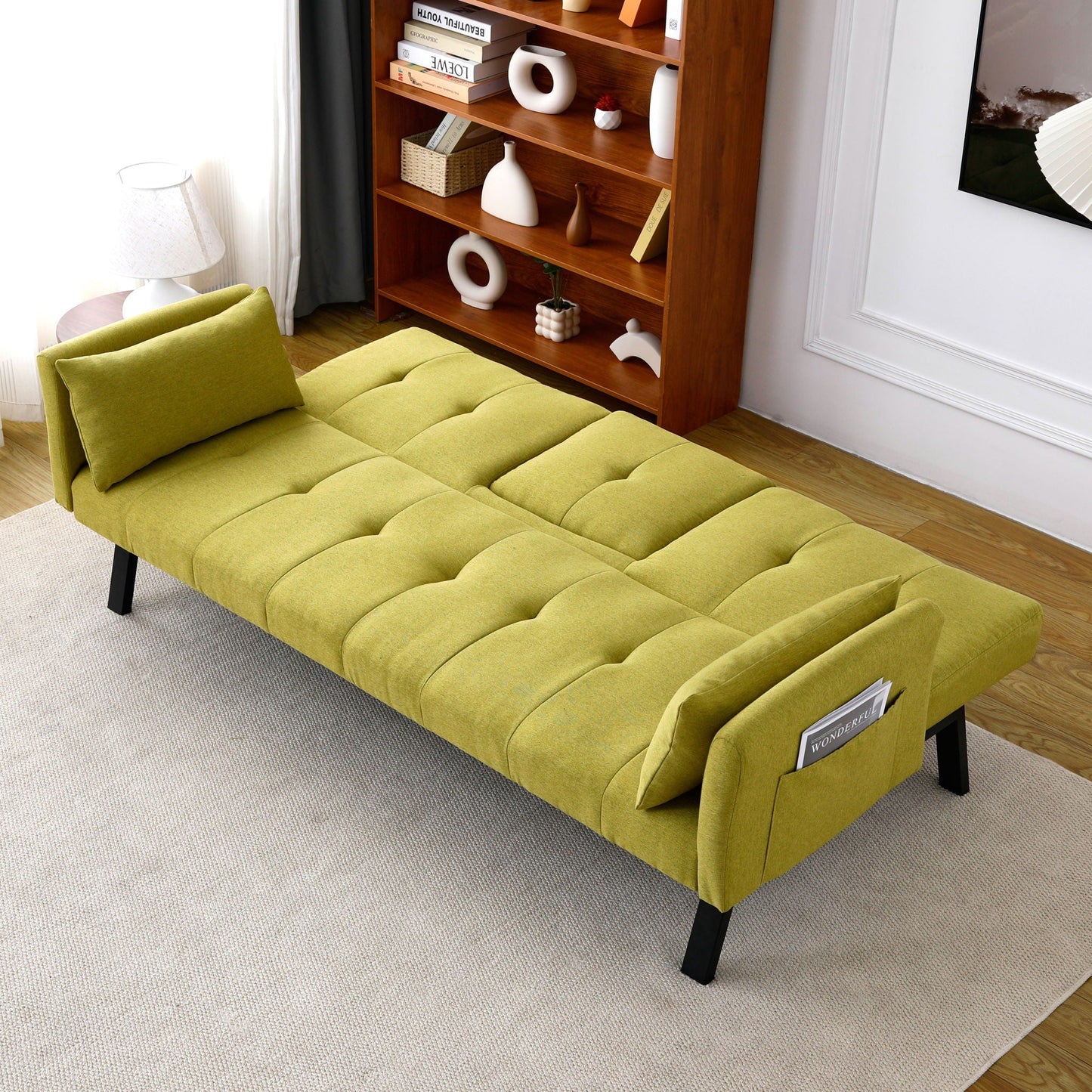 Green Foldable Sofa Bed with a Cup Holder