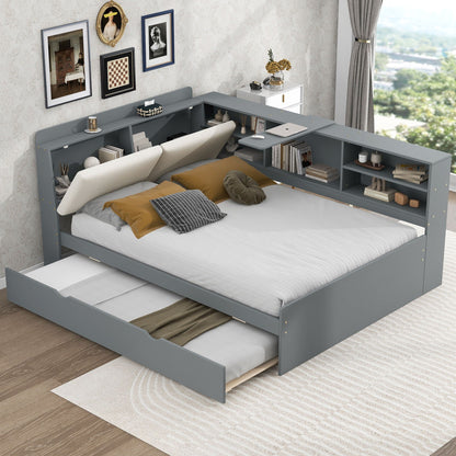 Platform bed with trundle, storage headboard and built-in blue-gray shelves on Tampa Home & Garden Store