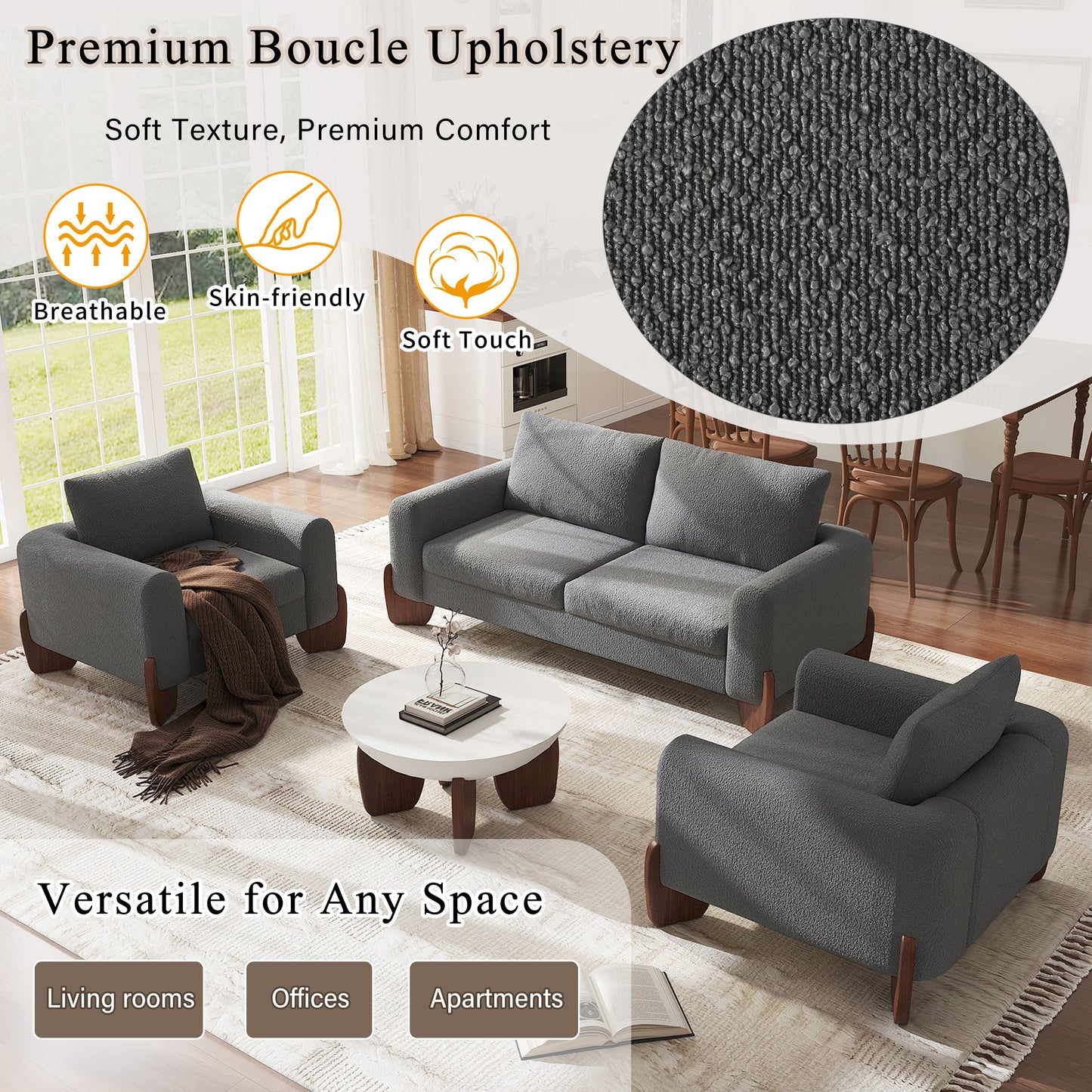 Modern Three Piece Boucle Sofa and Chair Set