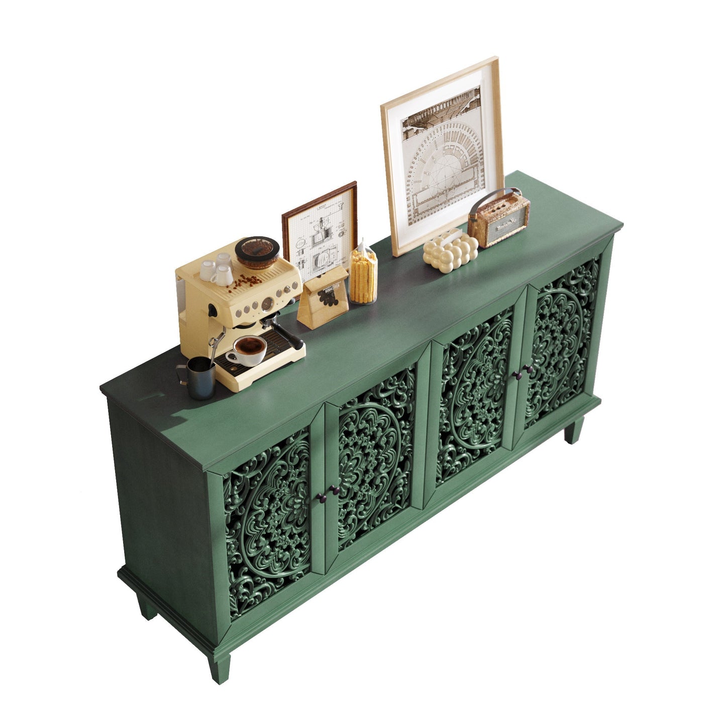 60' Antique Buffet Cabinet with Floral Carvings, green lattice doors HouseOfZazla on Tampa Home & Garden Store