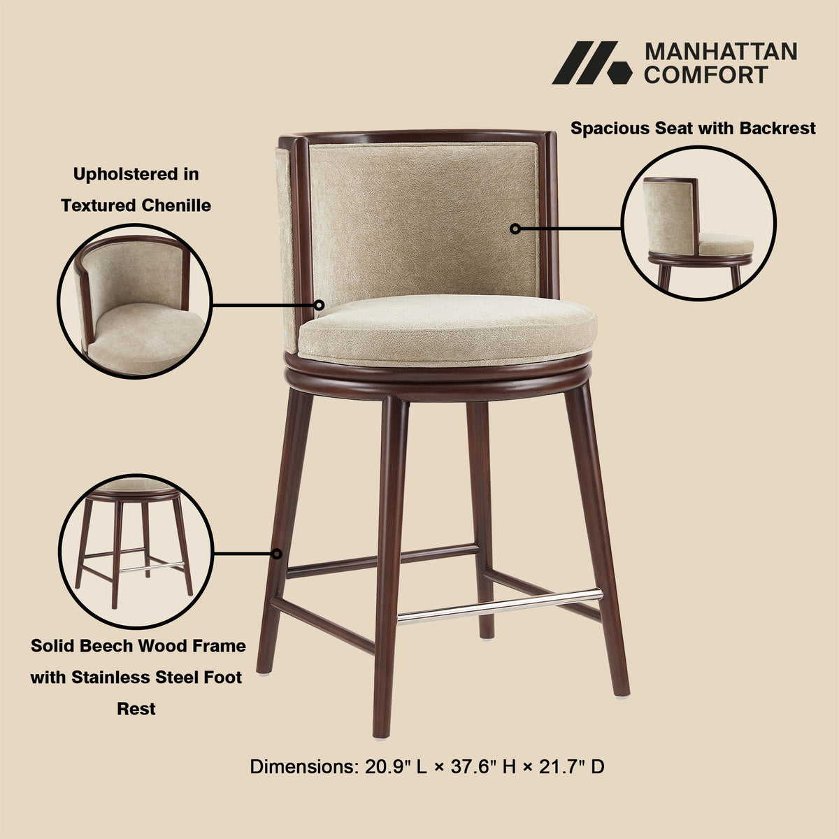 Evalyn Counter Stool beige chenille on beech wood frame 24–27 in HouseOfZazla on Tampa Home & Garden Store