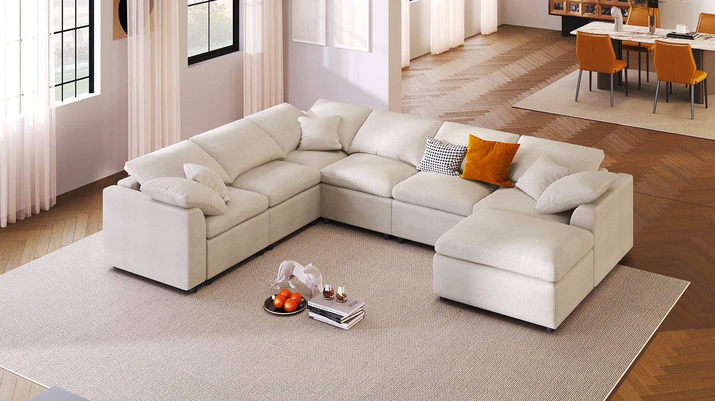 U_Style 120.8in Large 7-Seater Modular Sectional Sofa in cream upholstery by HouseOfZazla on Tampa Home & Garden Store