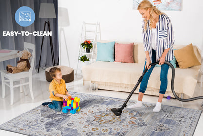PAYAS Cream Machine-Woven Rug by HouseOfZazla; cream rug with blue and beige ornate pattern on Tampa Home & Garden Store