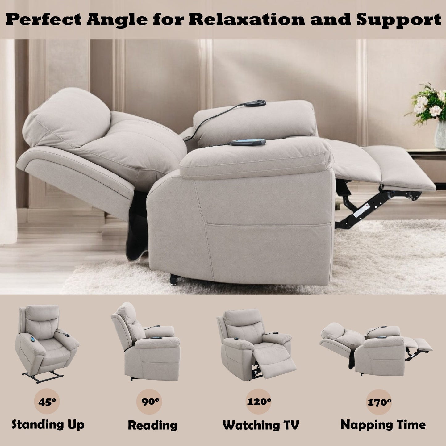 Chriki beige chenille power recliner with lift, heating and massage by HouseOfZazla on Tampa Home & Garden Store