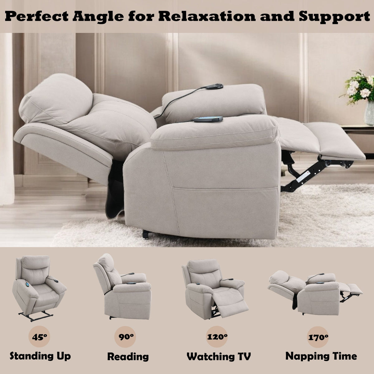 Chriki beige chenille power recliner with lift, heating and massage by HouseOfZazla on Tampa Home & Garden Store