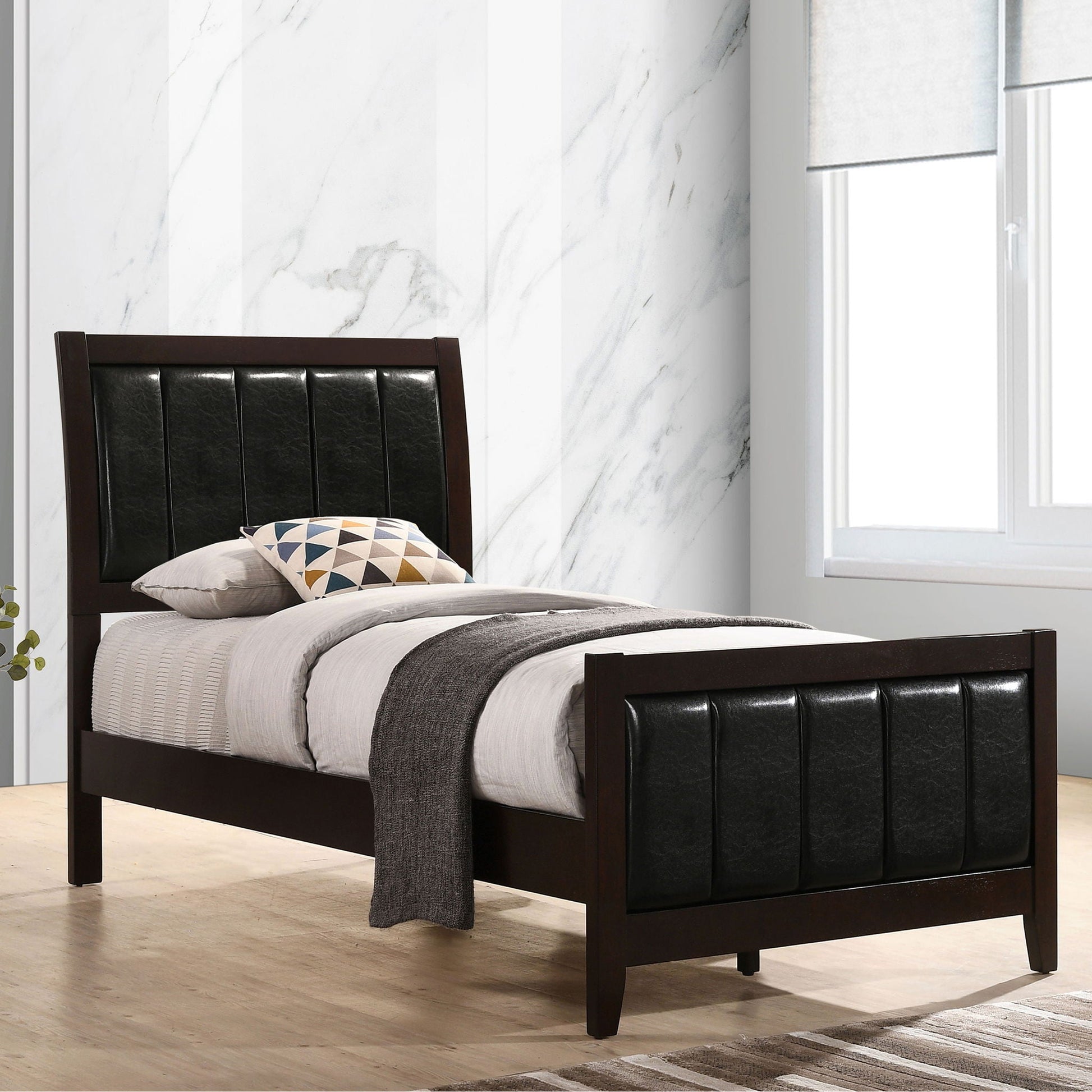 Twin Panel Bed with Headboard and Tapered Legs in brown wood with black tufted panels by HouseOfZazla on Tampa Home & Garden Store