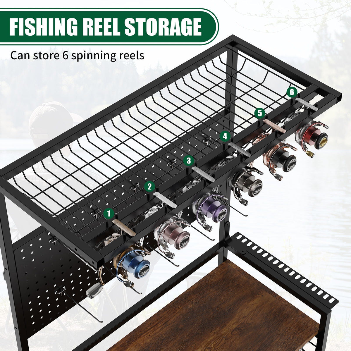 Fishing rod storage rack with pegboard and cart; black metal frame, wooden bottom shelf holds 6 spinning reels on Tampa Home & Garden Store