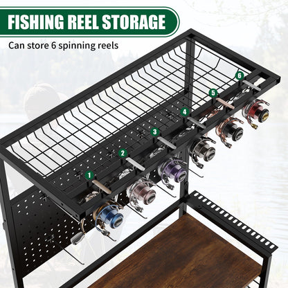 Fishing rod storage rack with pegboard and cart; black metal frame, wooden bottom shelf holds 6 spinning reels on Tampa Home & Garden Store