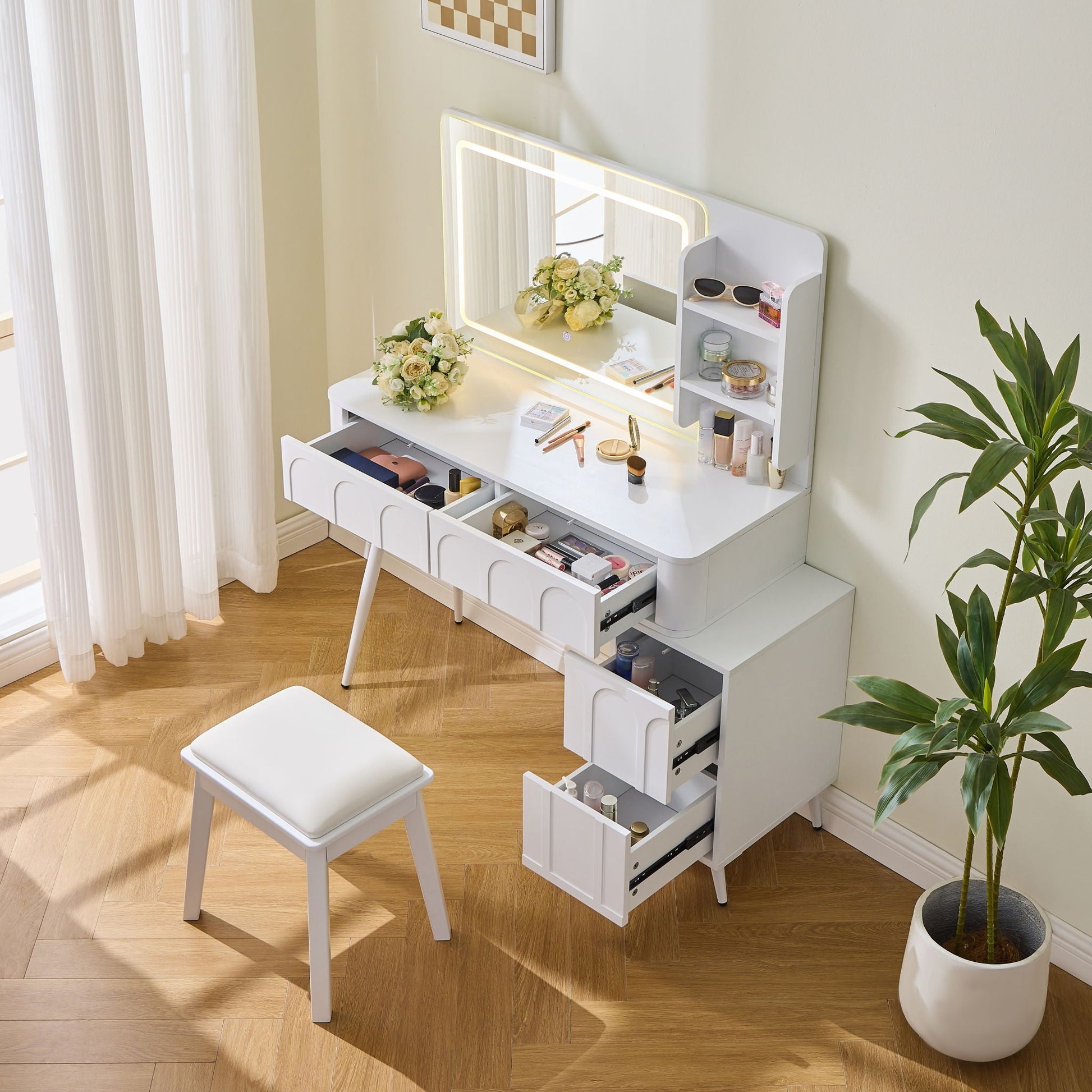 Modern makeup vanity desk with LED mirror, white finish, 4 drawers, makeup items on Tampa Home & Garden Store