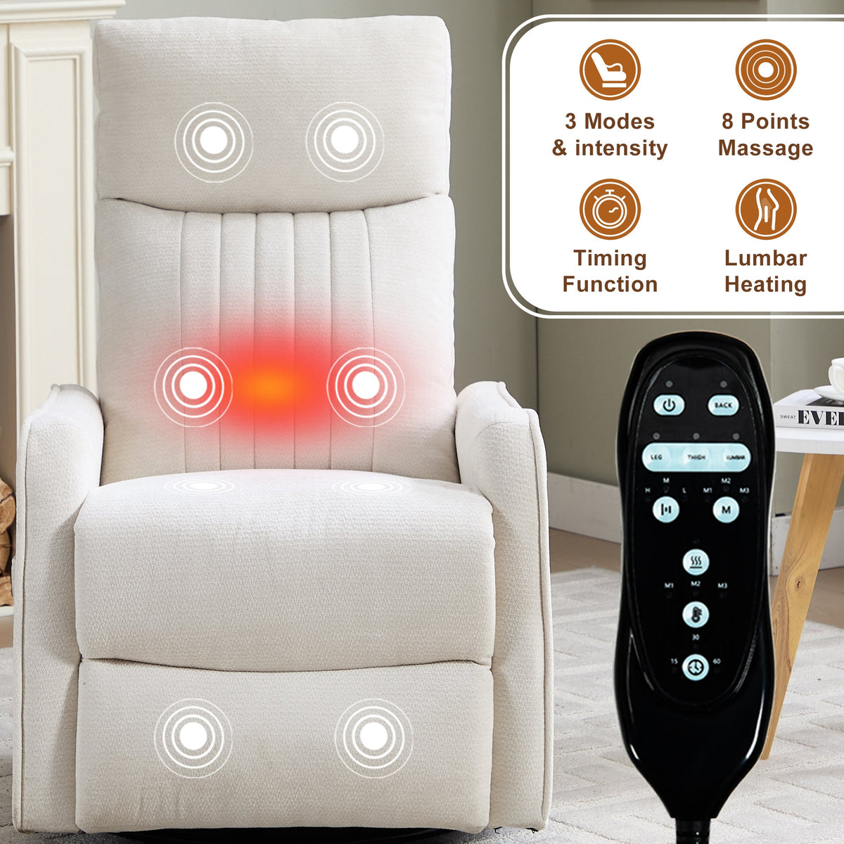 Beige heat massage manual recliner chair by HouseOfZazla with remote on Tampa Home & Garden Store