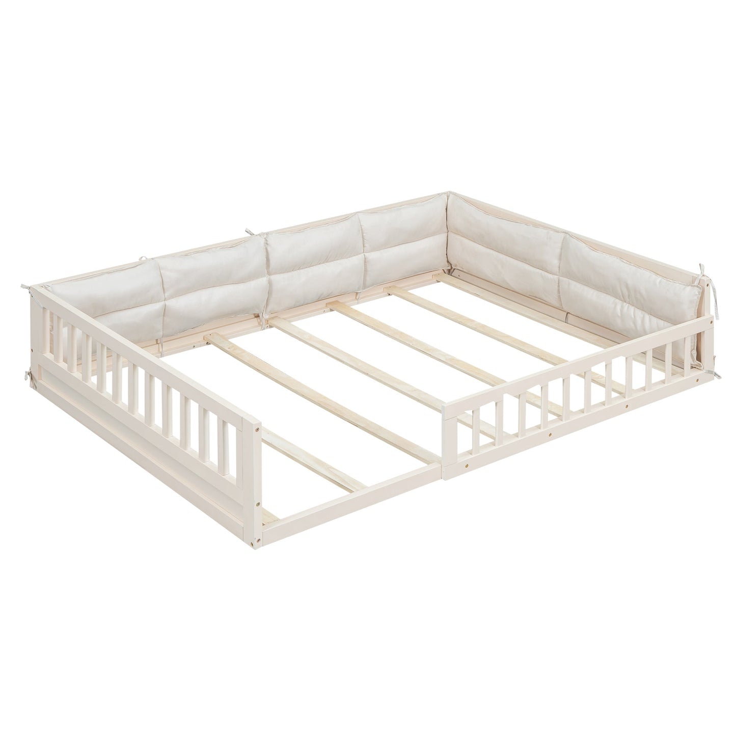 Wood full-size upholstered platform bed with beige padded guardrails, white frame HouseOfZazla on Tampa Home & Garden Store
