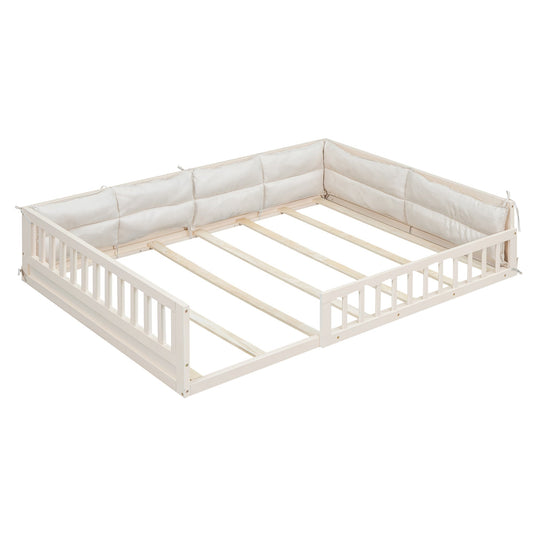 Wood full-size upholstered platform bed with beige padded guardrails, white frame HouseOfZazla on Tampa Home & Garden Store