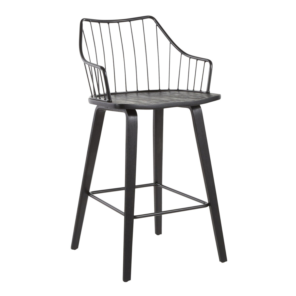 Farmhouse counter stool with metal spindle back in black, round wood seat, HouseOfZazla on Tampa Home & Garden Store