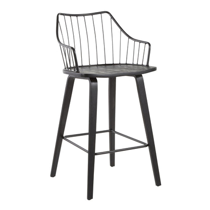 Farmhouse counter stool with metal spindle back in black, round wood seat, HouseOfZazla on Tampa Home & Garden Store