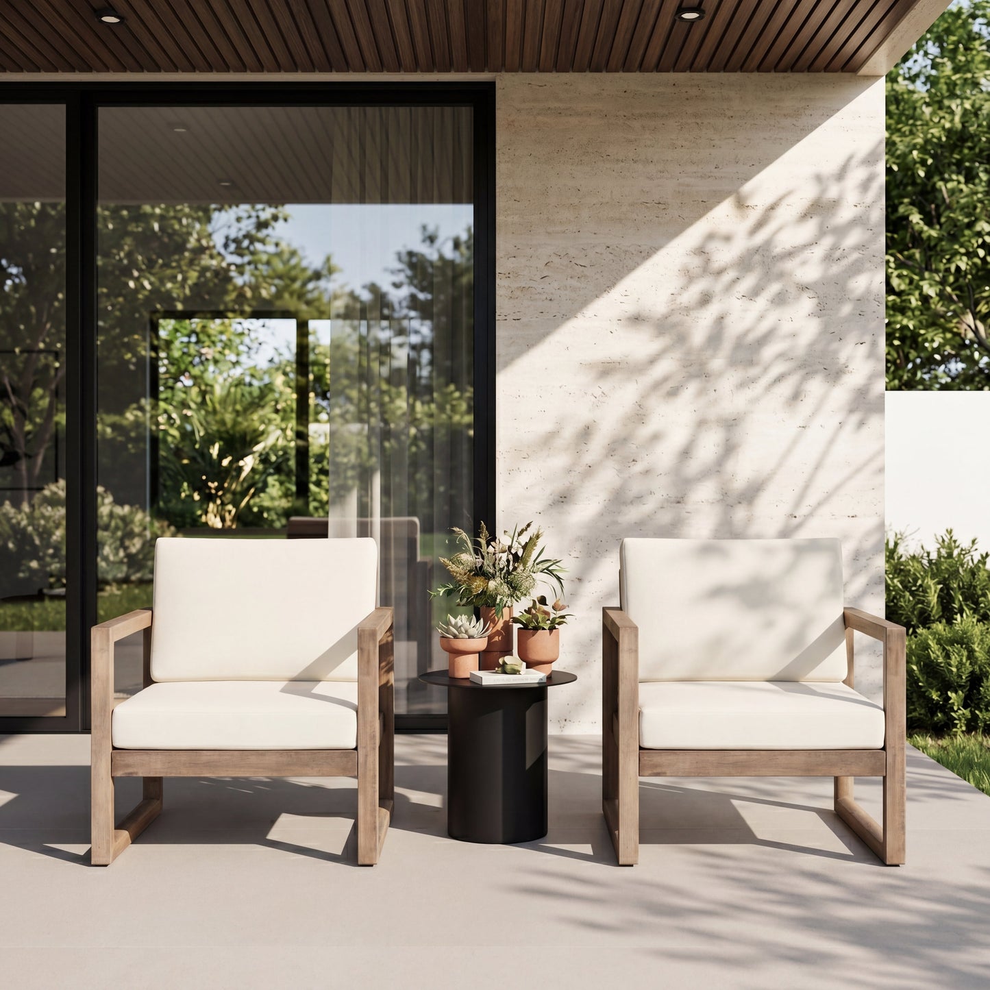 Set of 2 outdoor acacia wood patio club chairs with cream cushions by HouseOfZazla on Tampa Home & Garden Store