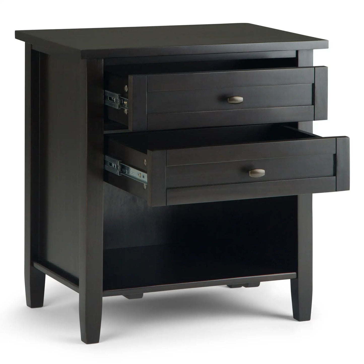 Warm Shaker handcrafted bedside table in dark espresso wood with drawers and open lower shelf on Tampa Home & Garden Store