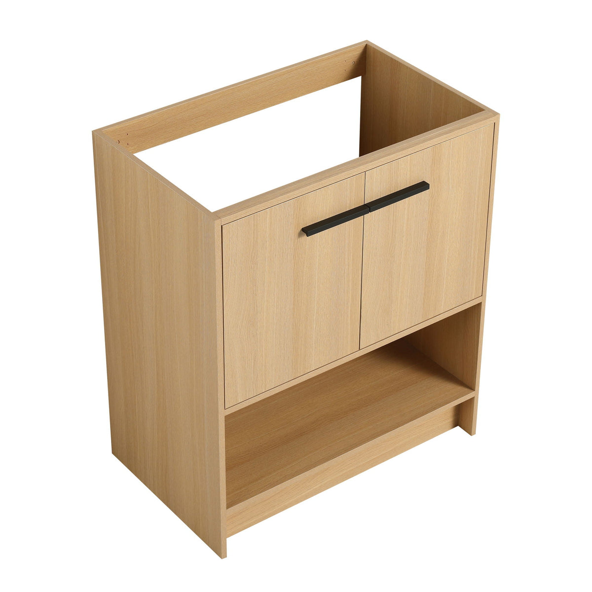 HouseOfZazla modern freestanding bathroom vanity with 2 doors in light brown wood, black bar pulls, open top cavity and lower shelf on Tampa Home & Garden Store