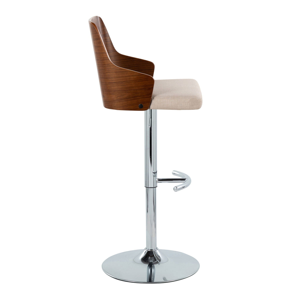 Mid Century Modern adjustable barstool with swivel, wood shell back, beige seat, chrome base on Tampa Home & Garden Store