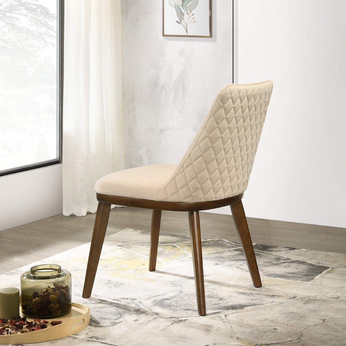 Mid-Century dining chair set of 2 with beige quilted upholstery and solid wood legs on Tampa Home & Garden Store