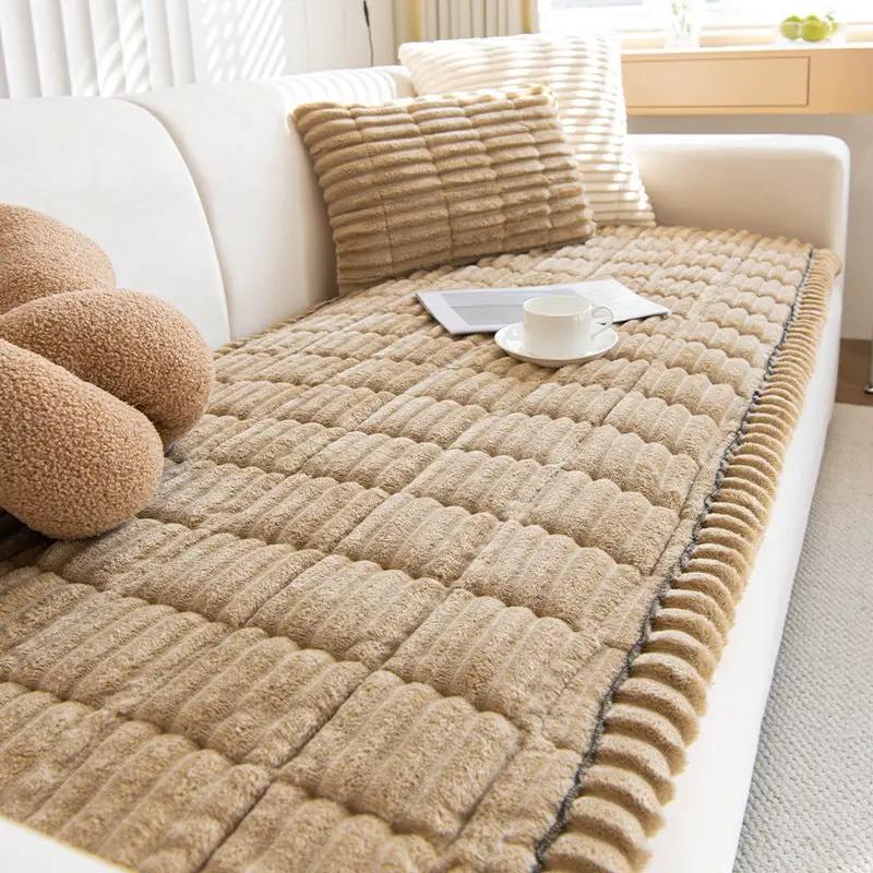 Simple Modern Non-slip Autumn And Winter Plush Cushion beige ribbed cushion on white sofa on Tampa Home & Garden Store