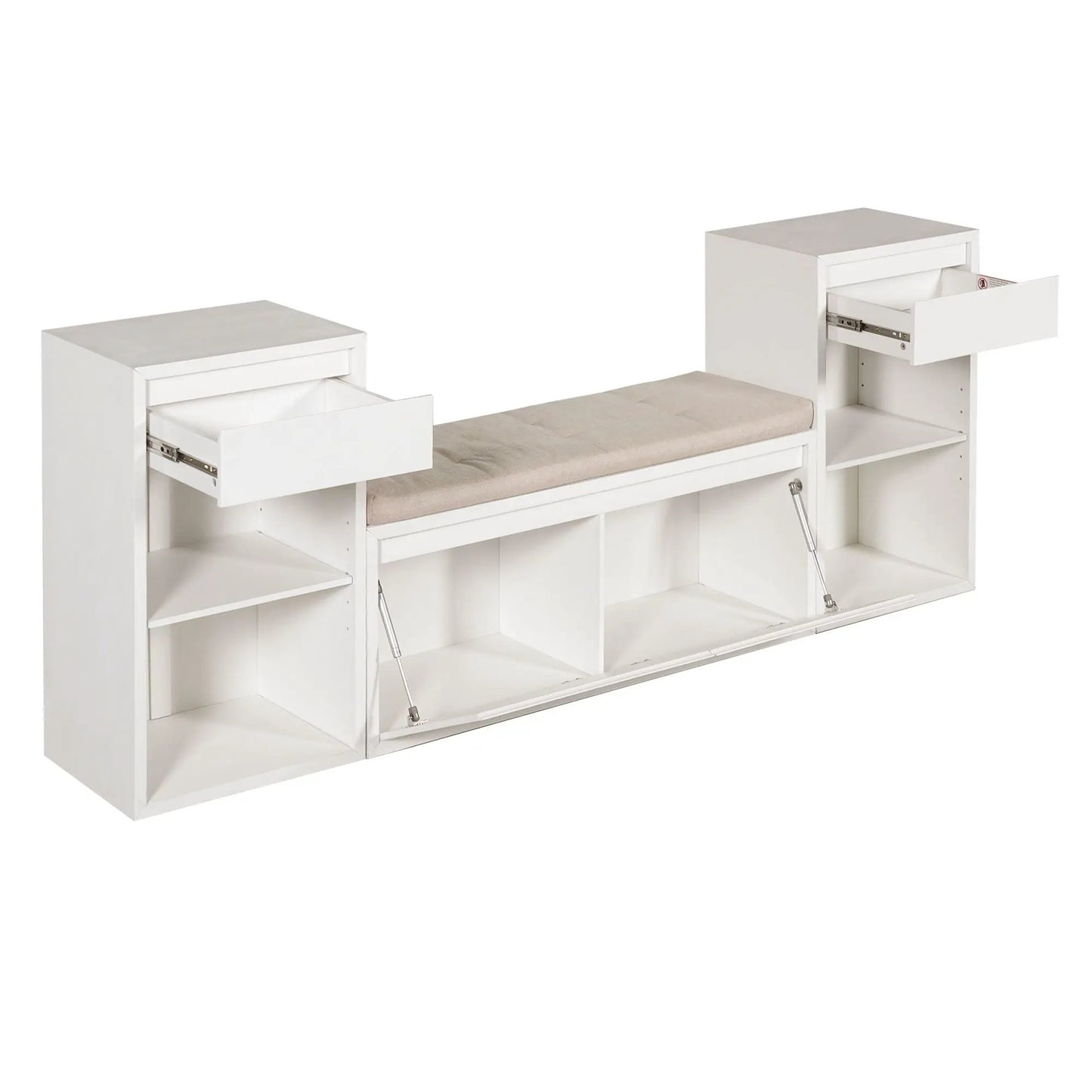 Entryway storage bench with beige cushion, white wood frame, drawers & open shelves on Tampa Home & Garden Store