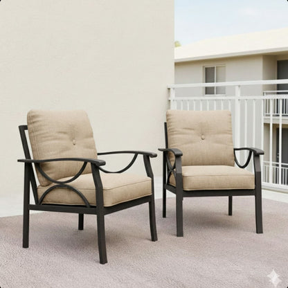All-Weather Armchairs with Cushions (Set of 2) by HouseOfZazla, beige cushions and black metal frames on Tampa Home & Garden Store