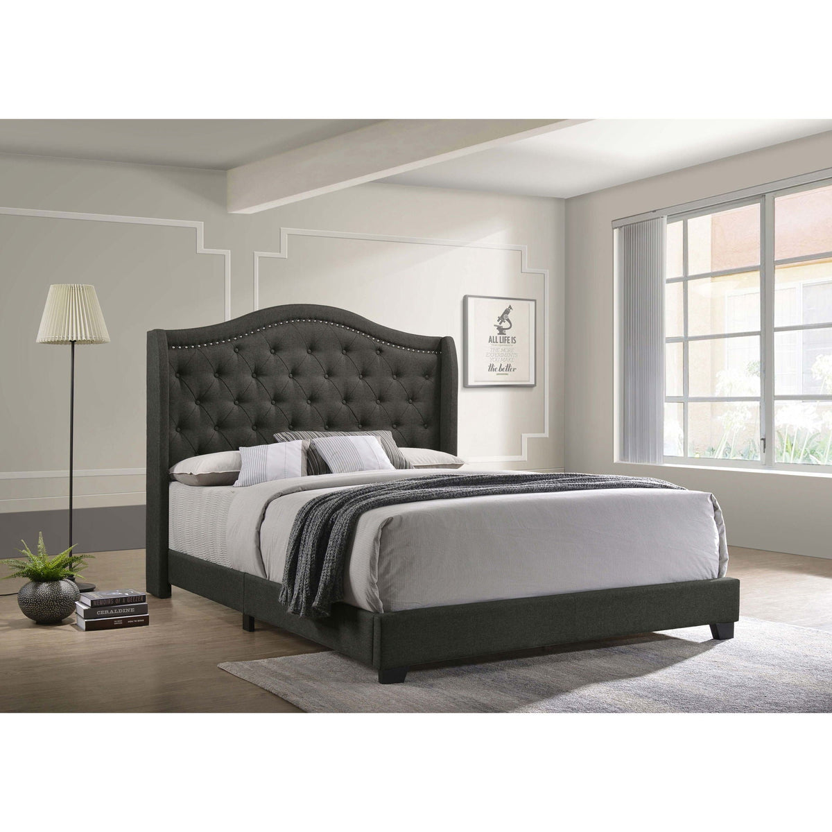 Copper Wingback Bed upholstered in dark gray fabric with tufted headboard on Tampa Home & Garden Store