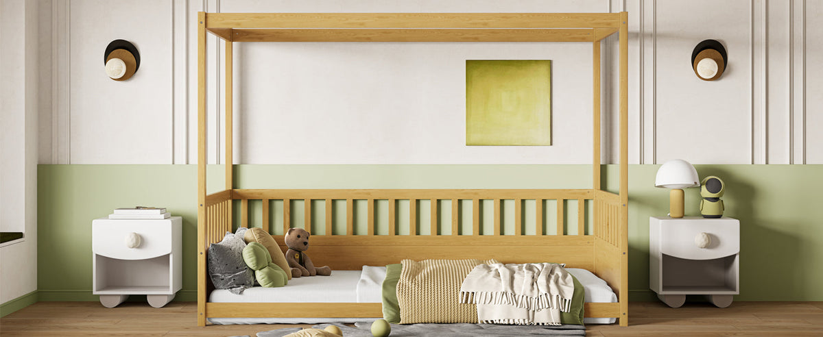Twin size canopy bed frame with guardrails by HouseOfZazla in natural wood on Tampa Home & Garden Store