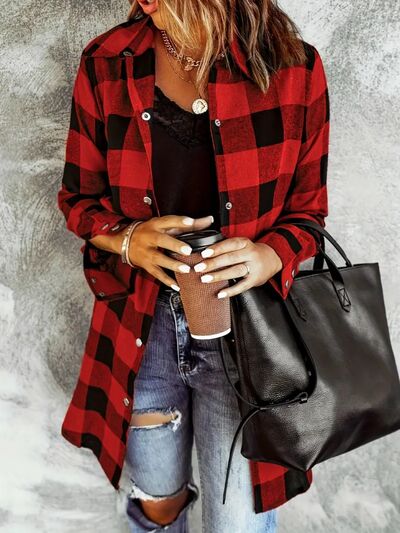 Stevvex deep red plaid collared snap-down jacket with pockets, long sleeves on Tampa Home & Garden Store