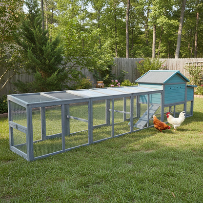 141in Large Wooden Chicken Coop with Nesting Box and Wire Fence blue-gray frame with mesh run on Tampa Home & Garden Store