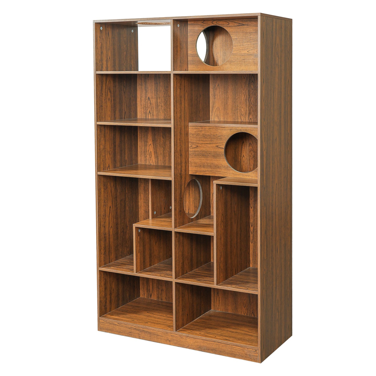 Modern 2 in 1 wood bookshelf cat house with open cubbies and circular cat den openings on Tampa Home & Garden Store