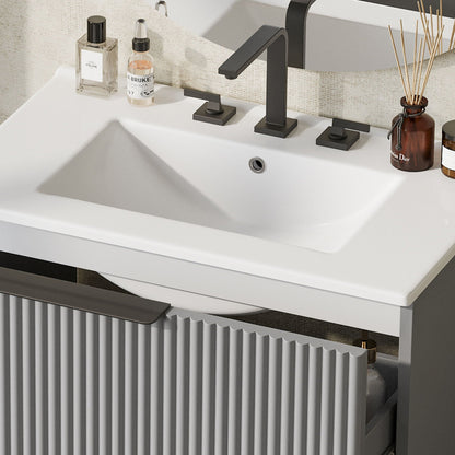 Fluted Vanity and Ceramic Sink Unit by HouseOfZazla, white sink, black faucet, gray cabinet on Tampa Home & Garden Store