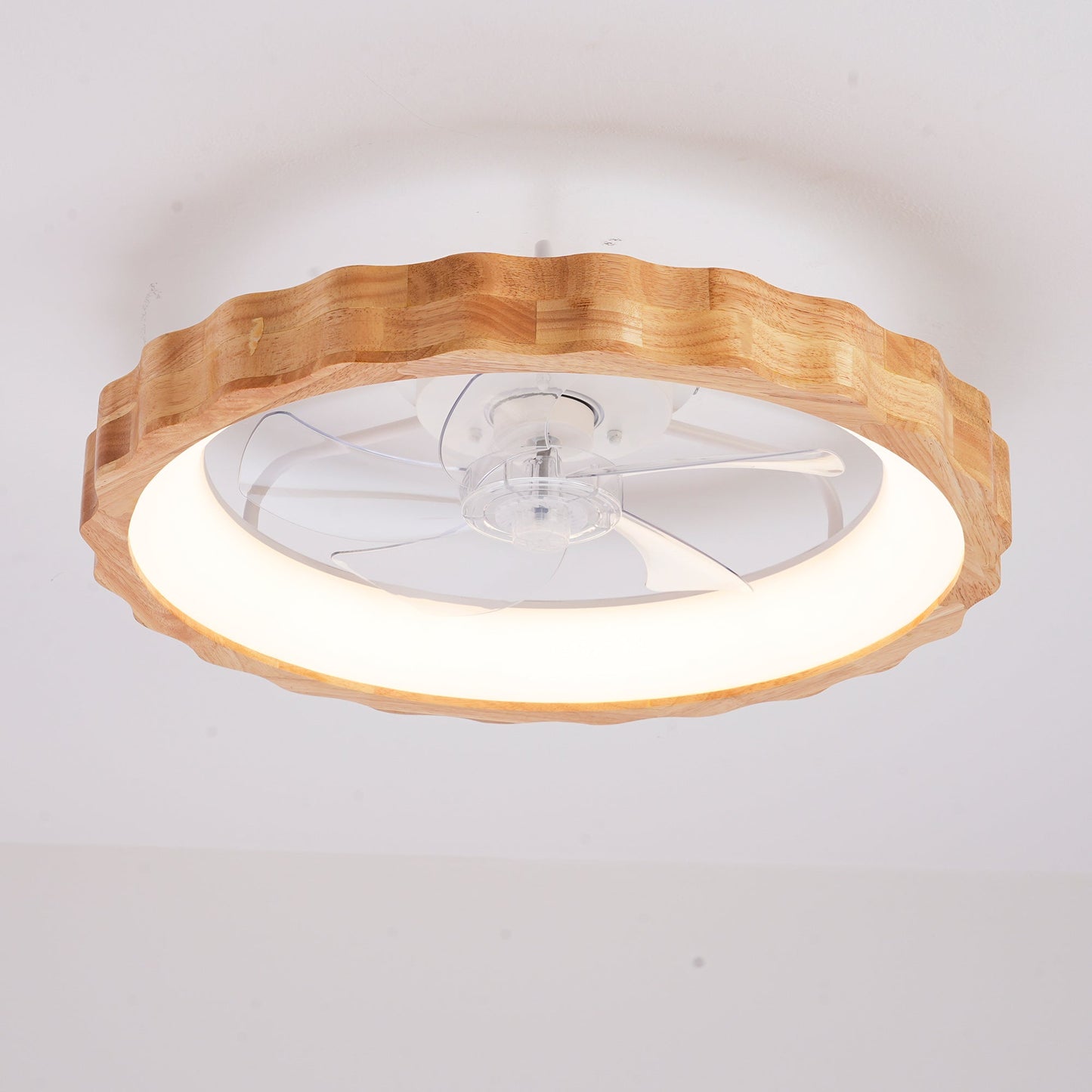 20in Plum Blossom flush-mount fan by HouseOfZazla with wood-tone scalloped rim and glass shade on Tampa Home & Garden Store