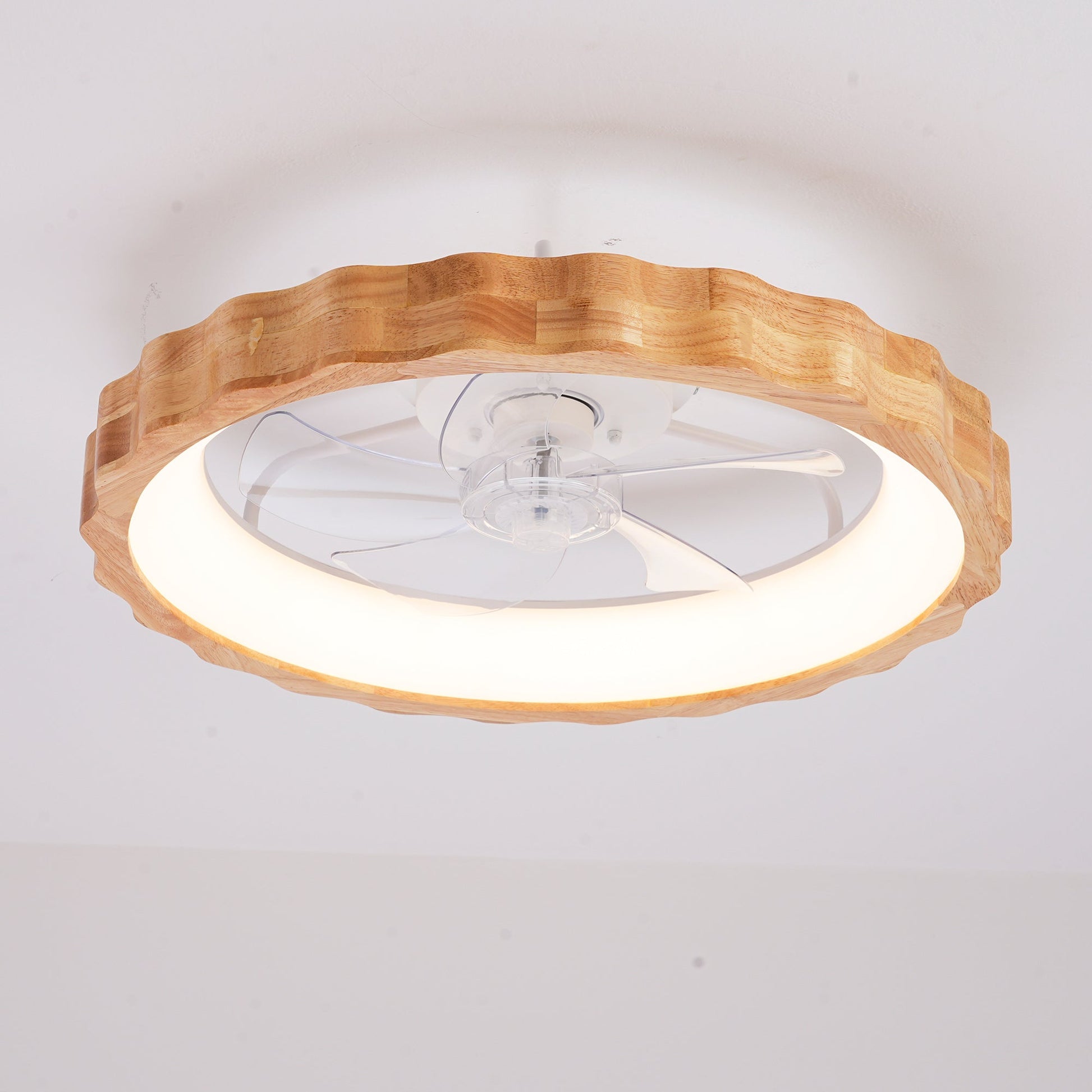 20in Plum Blossom flush-mount fan by HouseOfZazla with wood-tone scalloped rim and glass shade on Tampa Home & Garden Store