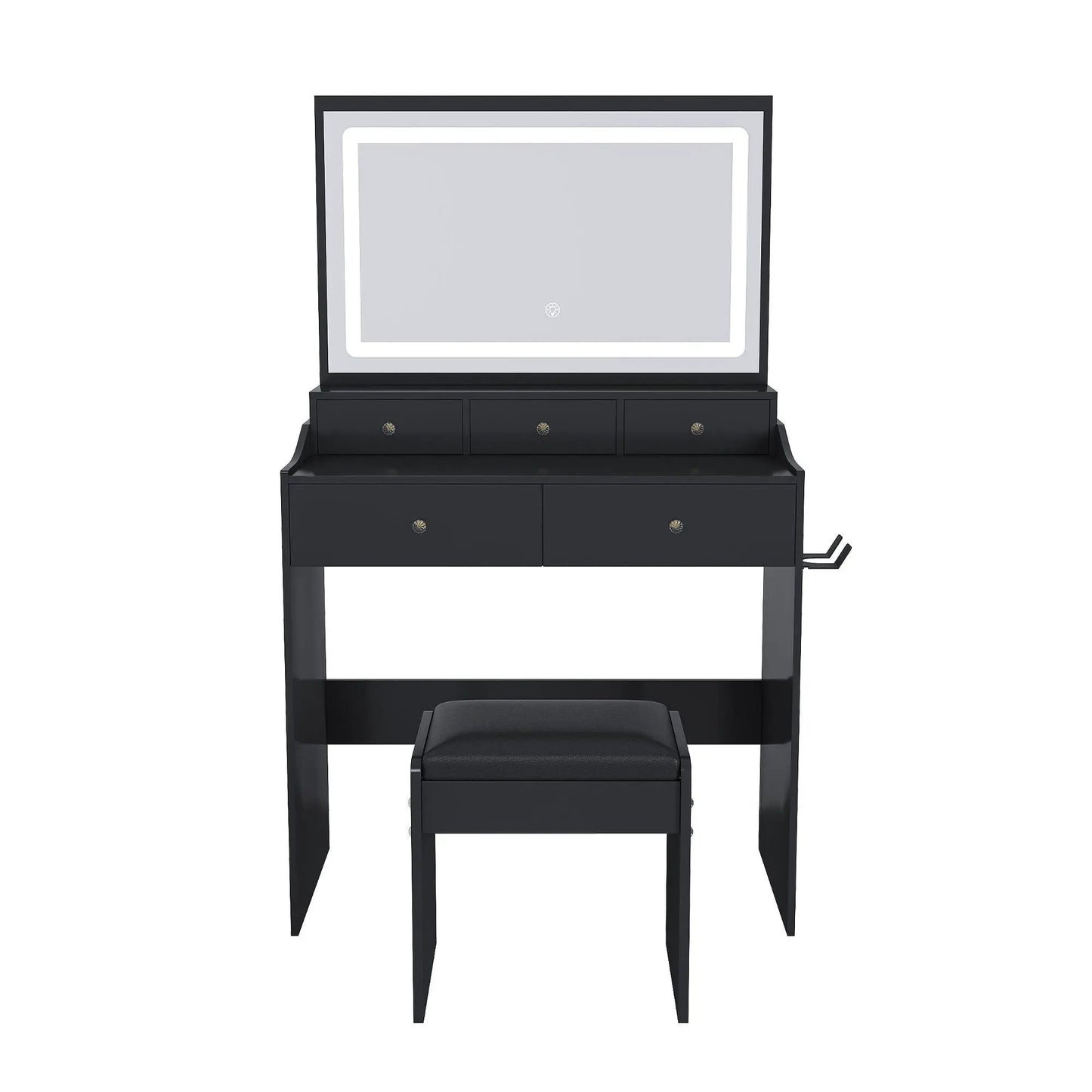 Black makeup vanity with power outlet, hair dryer holder, adjustable lighting; square mirror on Tampa Home & Garden Store
