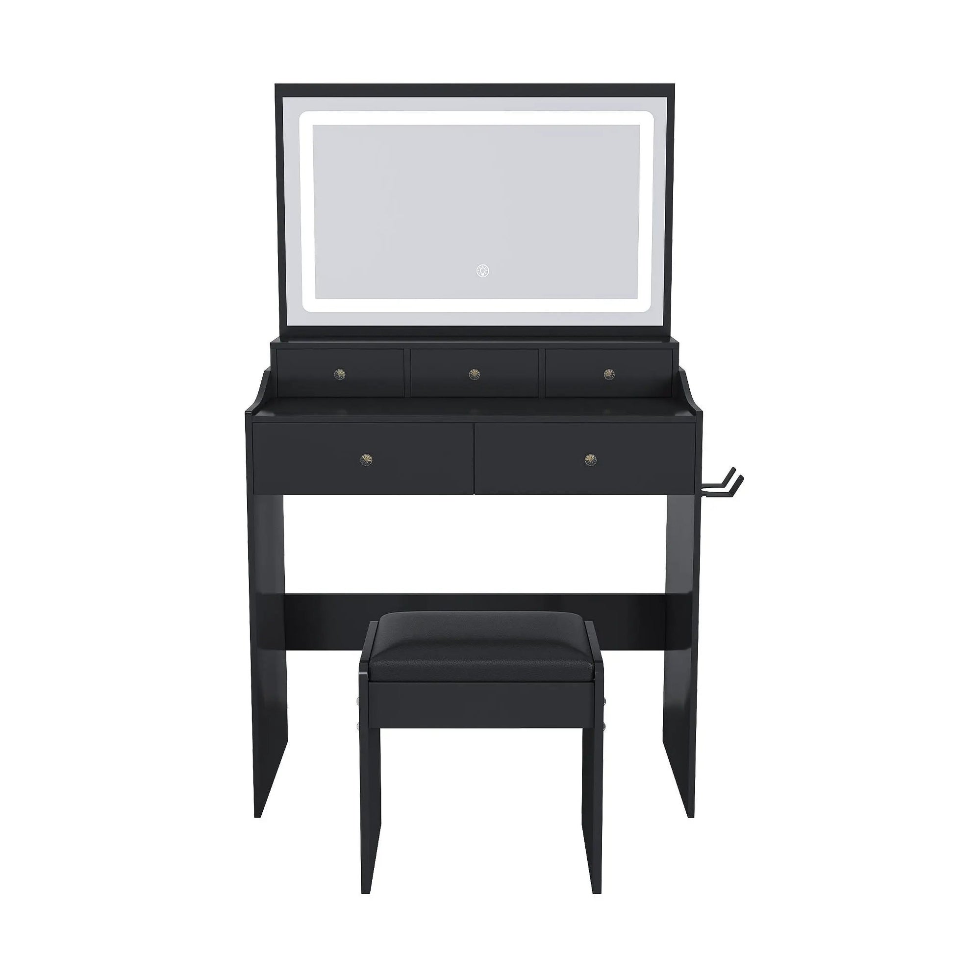 Black makeup vanity with power outlet, hair dryer holder, adjustable lighting; square mirror on Tampa Home & Garden Store