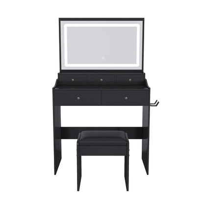 Black makeup vanity with power outlet, hair dryer holder, adjustable lighting; square mirror on Tampa Home & Garden Store