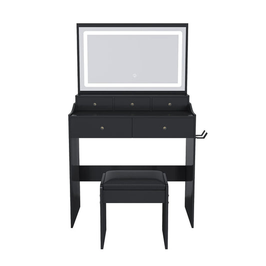Black makeup vanity with power outlet, hair dryer holder, adjustable lighting; square mirror on Tampa Home & Garden Store
