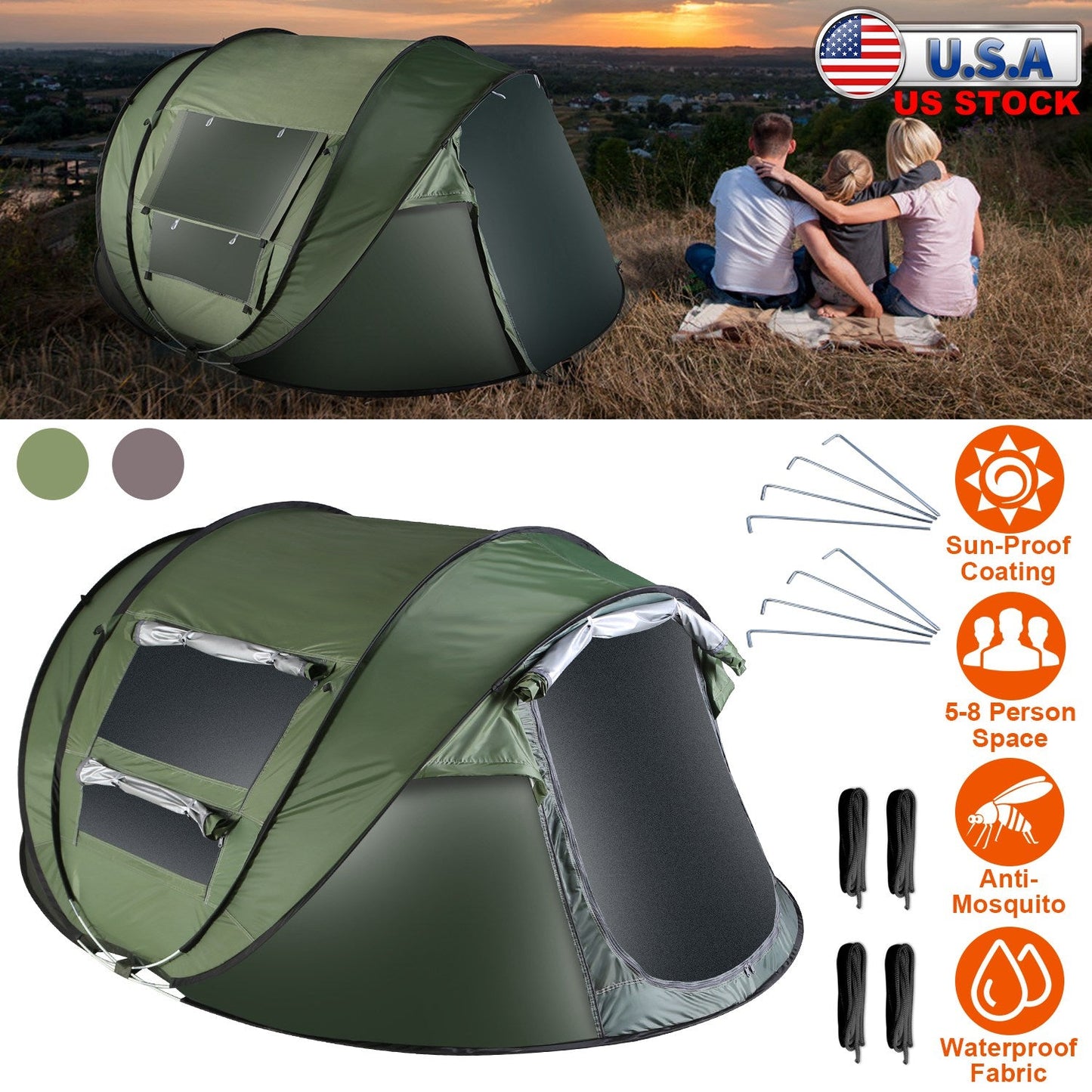 GemGear 3-4 person pop-up tent olive green with mosquito-net windows, waterproof instant setup on Tampa Home & Garden Store
