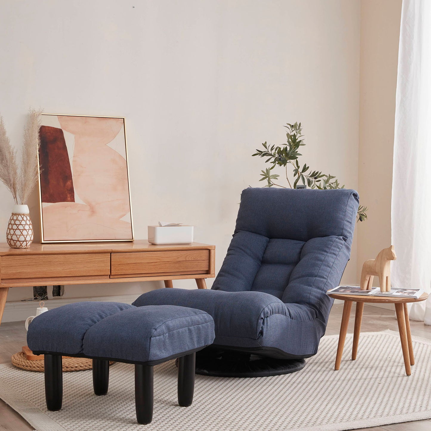 HouseOfZazla reclining floor chair and ottoman with navy upholstery and metal frame on Tampa Home & Garden Store